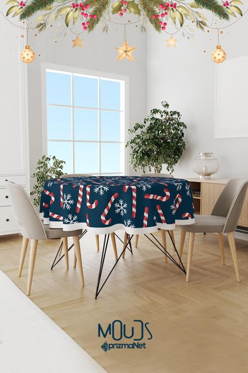 Mavi Yılbaşı Şeker Kamışı Desenli Yuvarlak Süet Dertsiz Masa Örtüsü