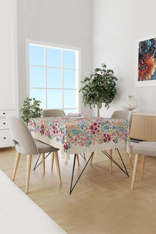 Renkli Pastel Çiçek Desenli Süet Dertsiz Masa Örtüsü