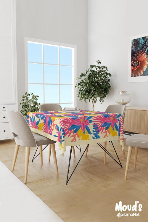 Renkli Yaz Çiçekleri Desenli Süet Dertsiz Masa Örtüsü