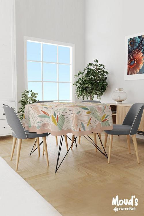 Xero Floral 2 Çiçek Desenli Yuvarlak Süet Dertsiz Masa Örtüsü