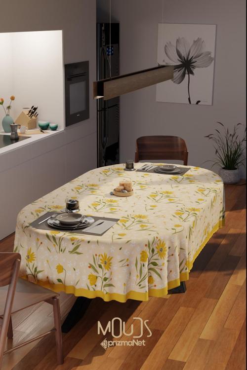 Camomile Papatya Desenli Süet Kumaş Dertsiz Oval Masa Örtüsü