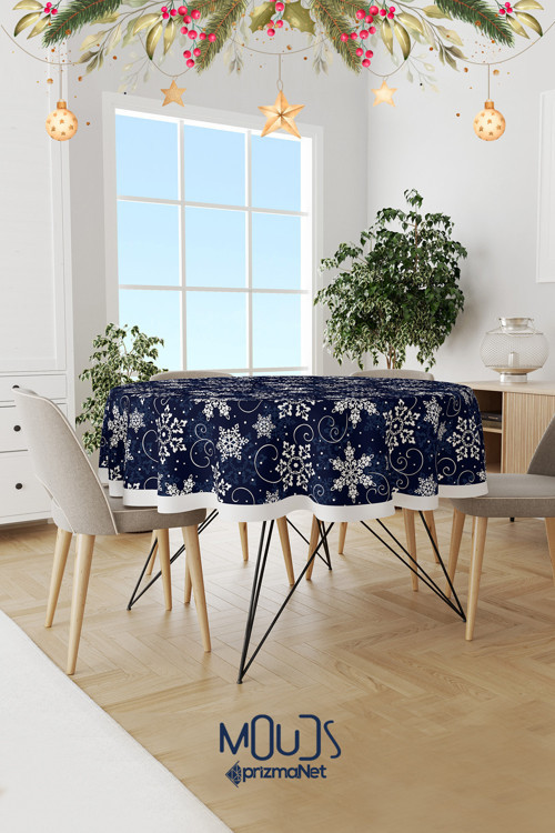 Lacivert Kar Taneleri Yılbaşı Desenli Yuvarlak Süet Dertsiz Masa Örtüsü