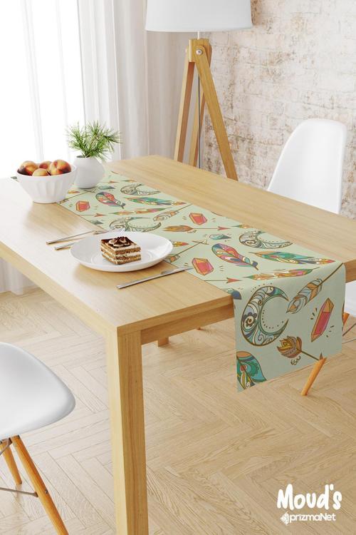 Açık Yeşil Bohem Desenli Baskılı Süet Runner Masa Örtüsü