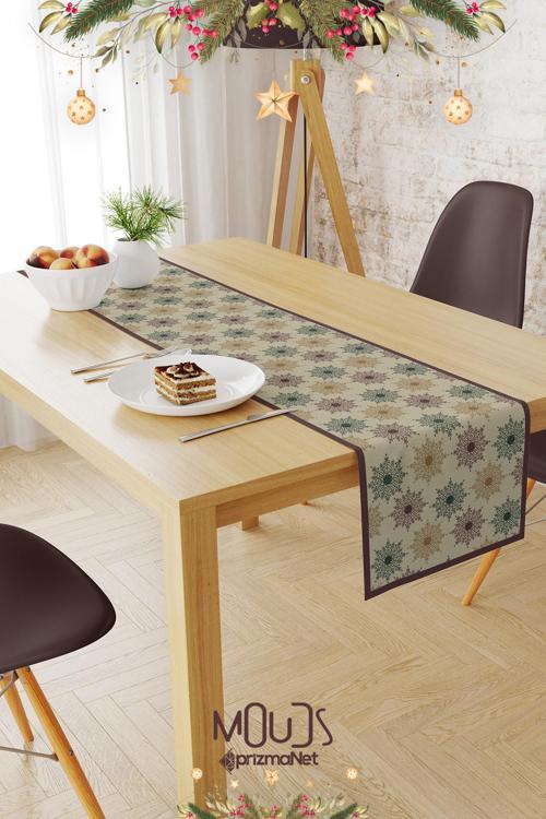 Bej Kar Taneleri Yılbaşı Desenli Runner Masa Örtüsü Dertsiz Süet Dokulu Kumaş Yeni Yıl