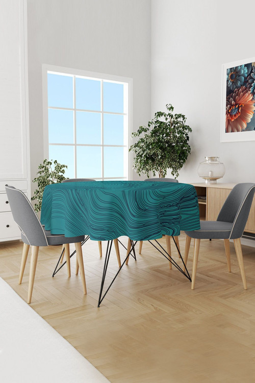 Turkuaz Dalga Desenli Yuvarlak Süet Dertsiz Masa Örtüsü