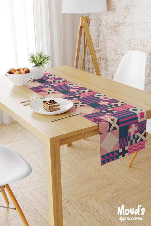 Geometrik 2 Desenli Baskılı Süet Runner Masa Örtüsü