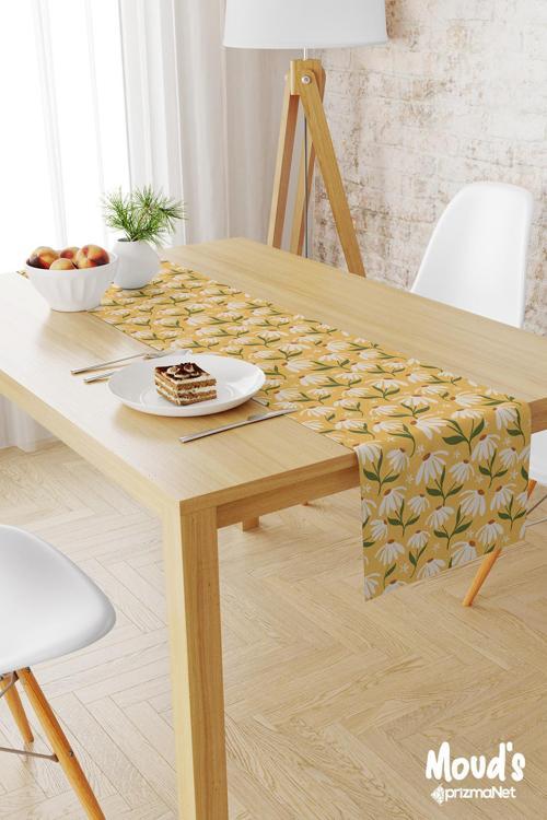 Camomile Papatya 2 Desenli Baskılı Süet Runner Masa Örtüsü