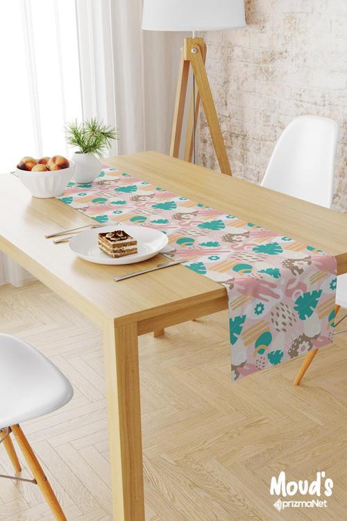 Pastel Çiçek Ve Yaprak Desenli Baskılı Süet Runner Masa Örtüsü