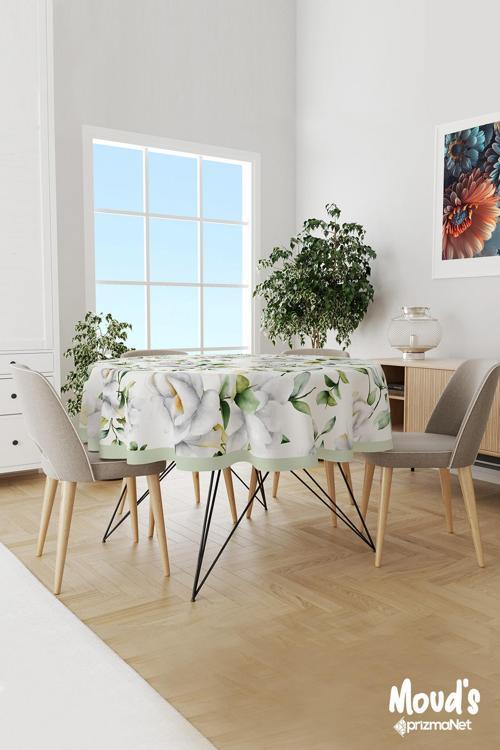 Yeşil Beyaz Gül Desenli Yuvarlak Süet Dertsiz Masa Örtüsü