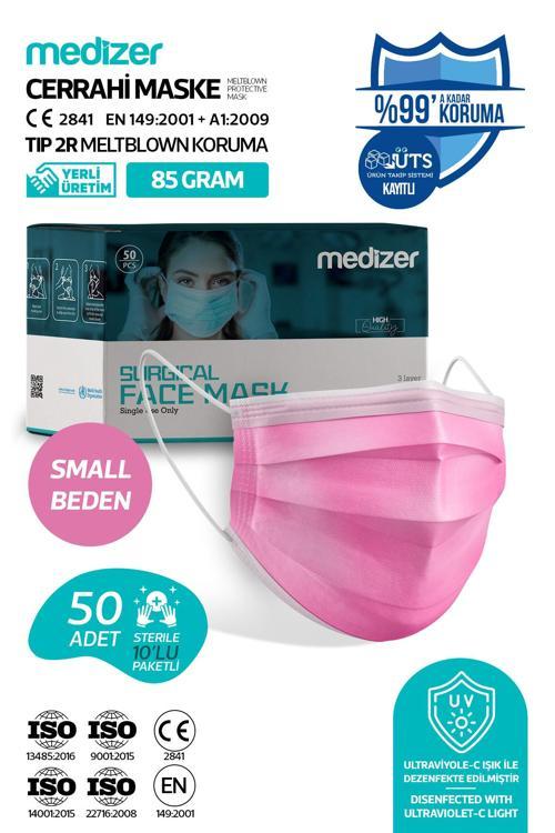 Meltblown Small Beden Yetişkin Pembe Cerrahi Maske 50 Adet - Telli