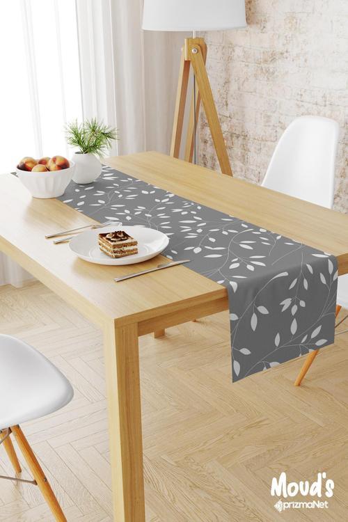Gri Ağaç Dalları Desenli Baskılı Süet Runner Masa Örtüsü