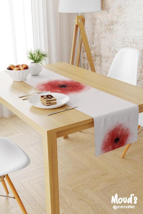 Poppy Red Desenli Baskılı Süet Runner Masa Örtüsü