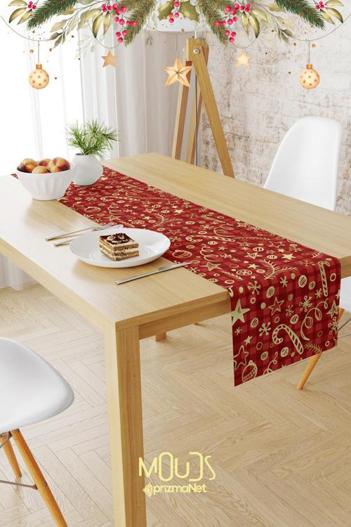 Kırmızı Yılbaşı Desenli Süet Runner Masa Örtüsü