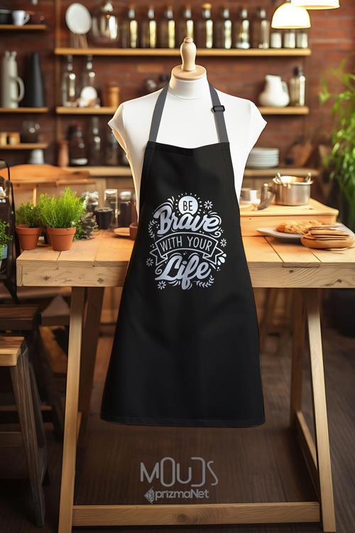 Süet Kumaş Brave Life Desenli Mutfak Önlüğü, Aşçı Önlüğü, Garson Önlüğü, Restoran Önlük