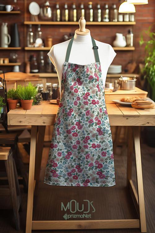 Süet Kumaş Retro Çiçek Desenli Mutfak Önlüğü, Aşçı Önlüğü, Garson Önlüğü, Restoran Önlük