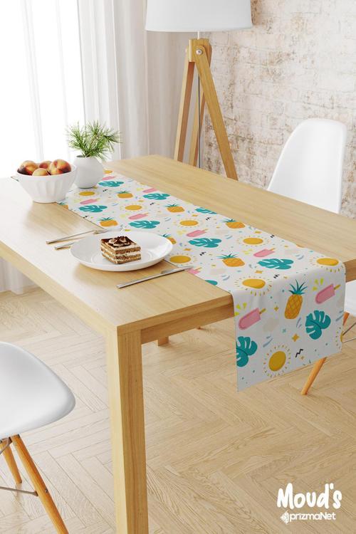 Krem Ananas Ve Dondurma Desenli Baskılı Süet Runner Masa Örtüsü