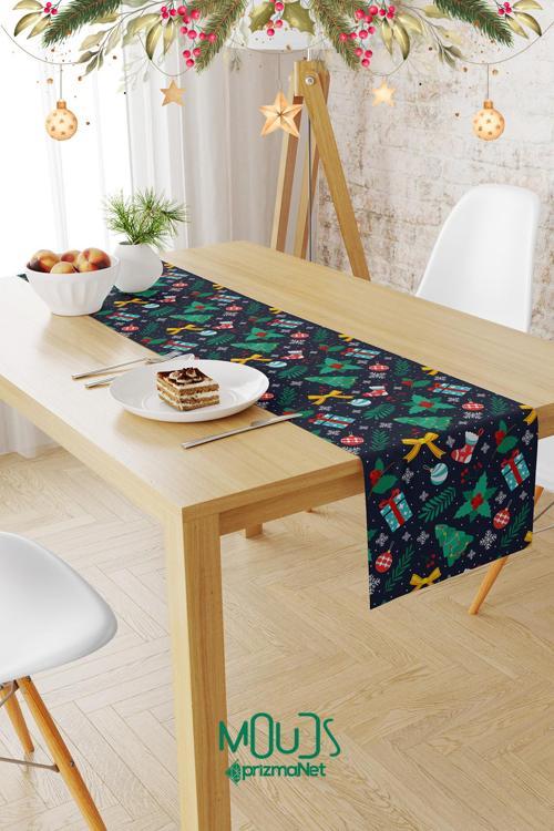 Lacivert Yılbaşı Desenli Süet Runner Masa Örtüsü