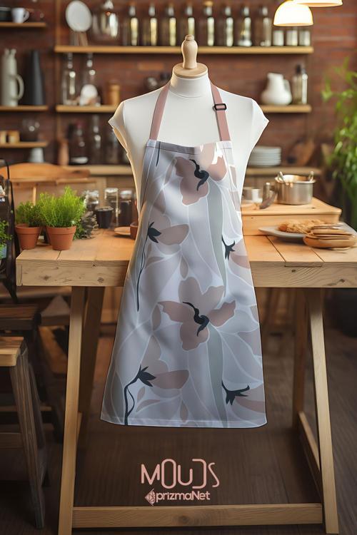 Süet Kumaş Mirror Flowers Çiçek Desenli Mutfak Önlüğü, Aşçı Önlüğü, Garson Önlüğü, Restoran Önlük