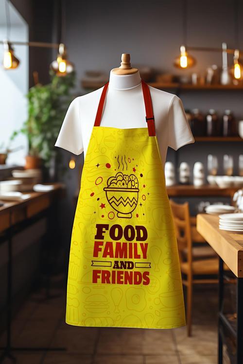 Süet Kumaş Family Food Yemek Desenli Mutfak Önlüğü, Aşçı Önlüğü, Garson Önlüğü, Restoran Önlük