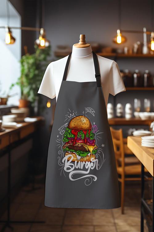 Süet Kumaş Burger Desenli Mutfak Önlüğü, Aşçı Önlüğü, Garson Önlüğü, Restoran Önlük
