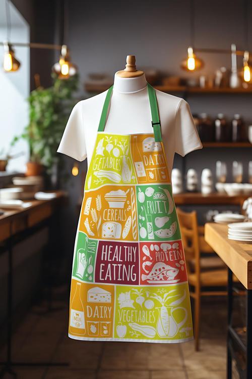 Süet Kumaş Renkli Diyet Desenli Mutfak Önlüğü, Aşçı Önlüğü, Garson Önlüğü, Restoran Önlük