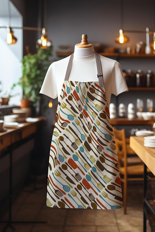 Süet Kumaş Çatal Bıçak Desenli Mutfak Önlüğü, Aşçı Önlüğü, Garson Önlüğü, Restoran Önlük