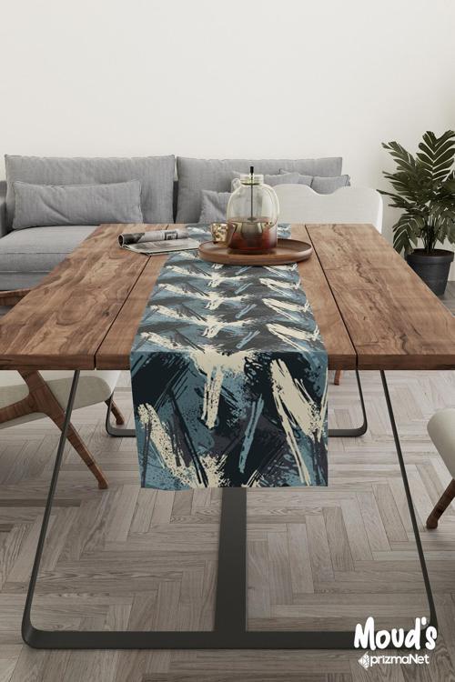 Blue Brush Desenli Baskılı Süet Runner Masa Örtüsü