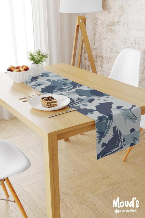 Mavi Kamuflaj Desenli Baskılı Süet Runner Masa Örtüsü