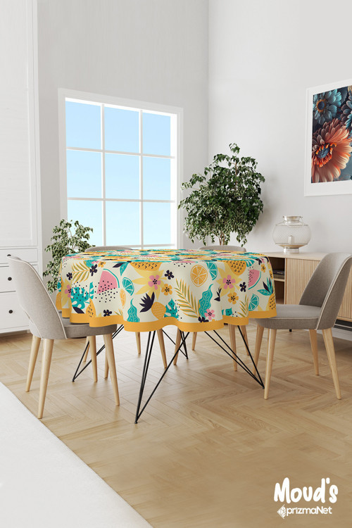 Sarı Ananas Karpuz Limon Desenli Yuvarlak Süet Dertsiz Masa Örtüsü