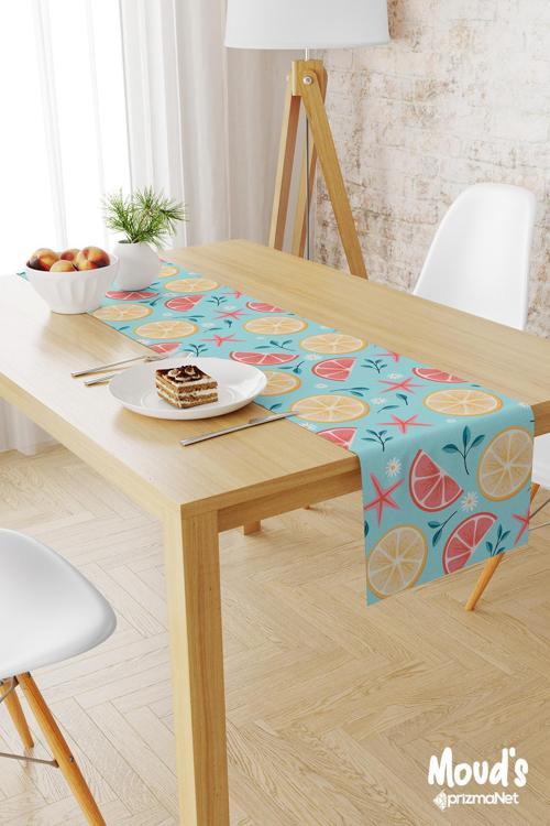 Mavi Limon Ve Deniz Yıldızı Desenli Baskılı Süet Runner Masa Örtüsü