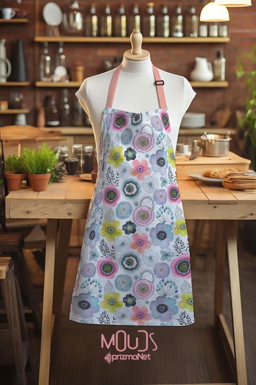 Süet Kumaş Su Çiçeği Desenli Mutfak Önlüğü, Aşçı Önlüğü, Garson Önlüğü, Restoran Önlük