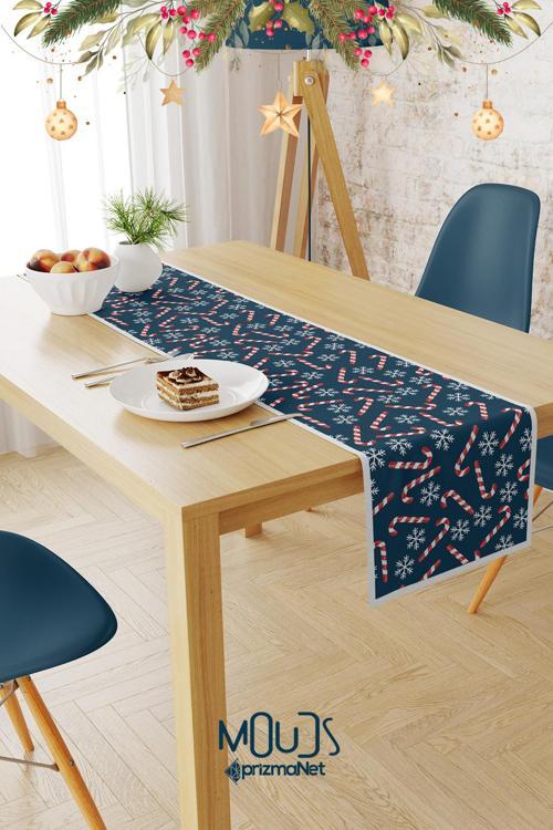 Mavi Yılbaşı Şeker Kamışı Desenli Süet Runner Masa Örtüsü