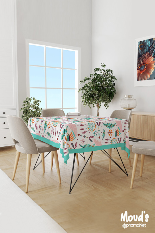 Turkuaz Bohem Desenli Süet Dertsiz Masa Örtüsü