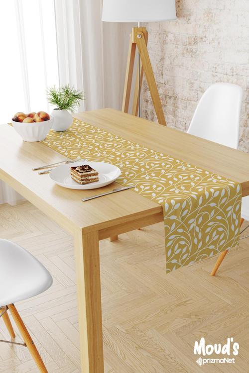 Sarı Flora Serisi Desenli Baskılı Süet Runner Masa Örtüsü