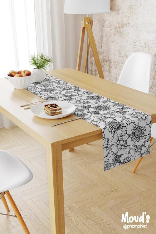 Siyah Çiçek Serisi Desenli Baskılı Süet Runner Masa Örtüsü