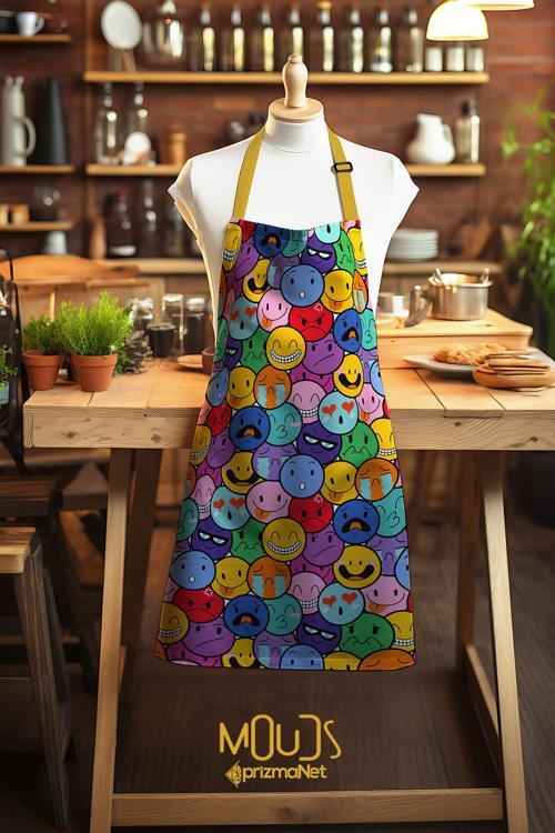 Süet Kumaş Emoji Desenli Mutfak Önlüğü, Aşçı Önlüğü, Garson Önlüğü, Restoran Önlük