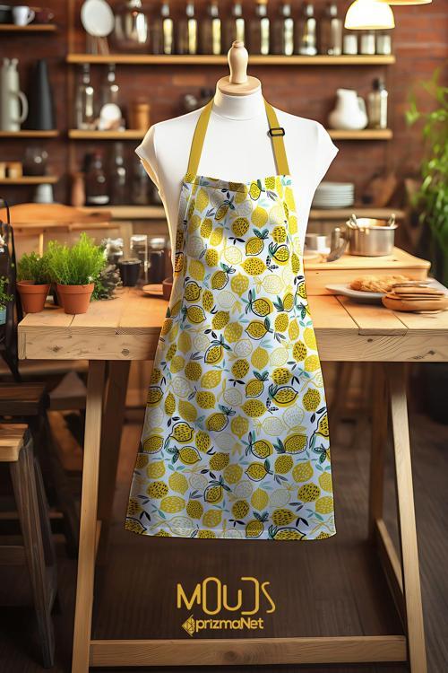 Süet Kumaş Limon Desenli Mutfak Önlüğü, Aşçı Önlüğü, Garson Önlüğü, Restoran Önlük