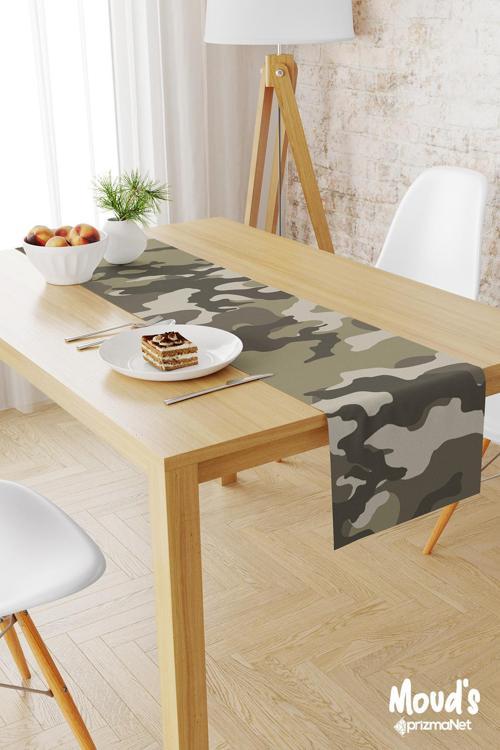 Yeşil Kamuflaj Desenli Baskılı Süet Runner Masa Örtüsü
