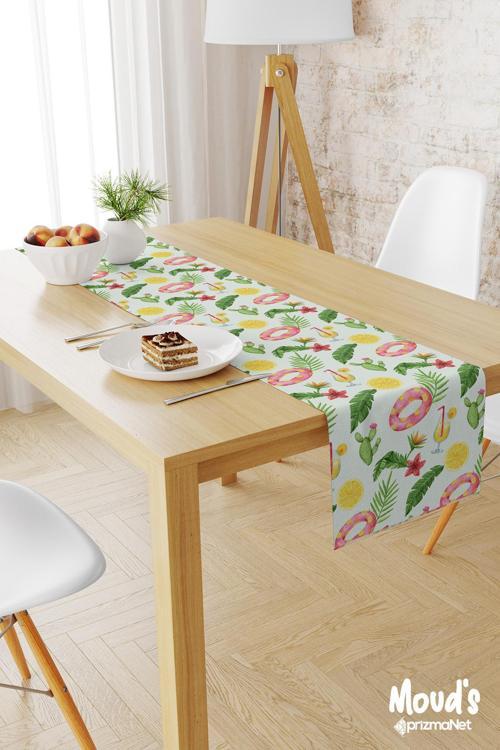 Yeşil Kaktüs Ve Limonata Desenli Baskılı Süet Runner Masa Örtüsü