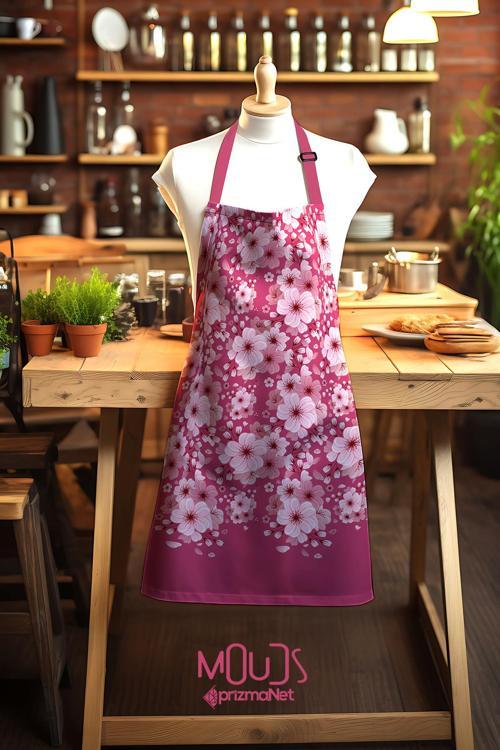Süet Kumaş Pembe Çiçek Desenli Mutfak Önlüğü, Aşçı Önlüğü, Garson Önlüğü, Restoran Önlük