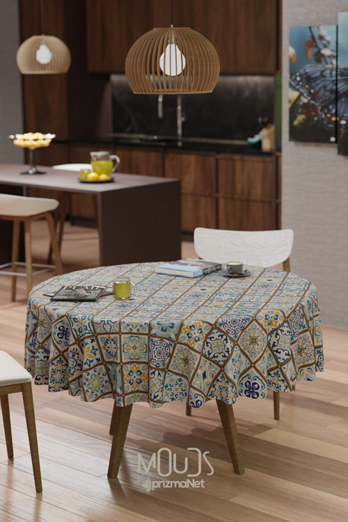 Ramazan Etnik Kare Desenli Süet Kumaş Dertsiz Yuvarlak Masa Örtüsü Ramadan