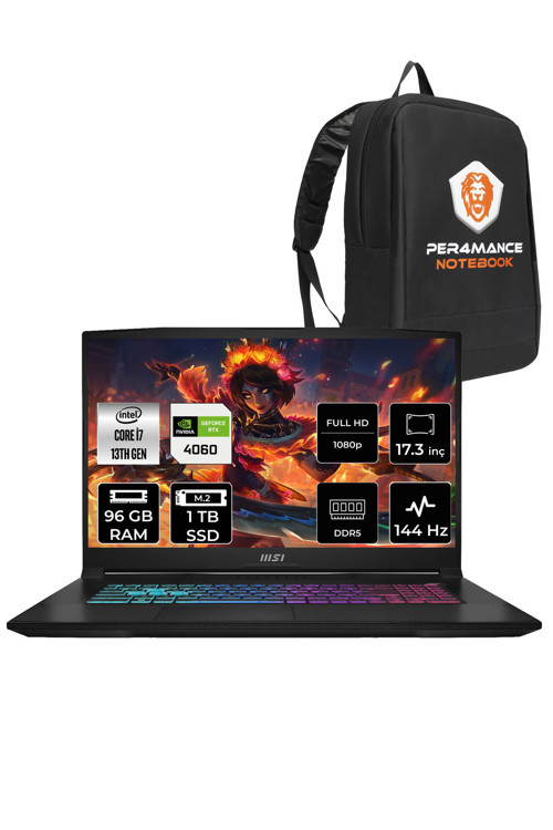 Katana 17 B13VFK37 i7 13620H 96GB 1TB SSD RTX4060/8GB 105W 17.3" FHD 144HZ FDOS & PER4 ÇANTA