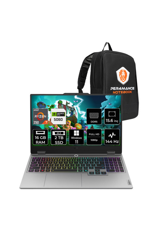 Loq Ryzen 7 250 16GB 2TB SSD RTX5060/8GB 100W 144Hz FHD 15.6" W11P Gaming Laptop & Çanta