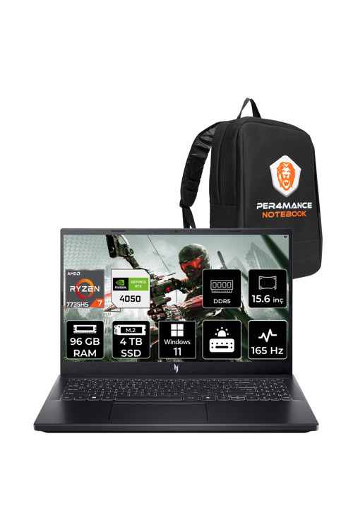 Nitro V15 R7 7735HS 96GB 4TB SSD RTX4050/6GB 75W 15.6'' FHD 165Hz W11H Gaming Laptop & ÇANTA