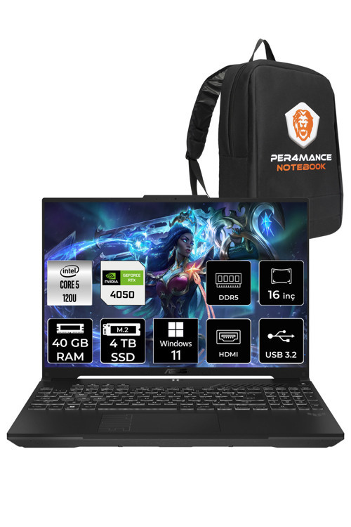 TUF Gaming F16 Core 5 210H 40GB 4TB SSD RTX4050/6GB 140W WUXGA 16" W11H LP029 & PER4 ÇANTA