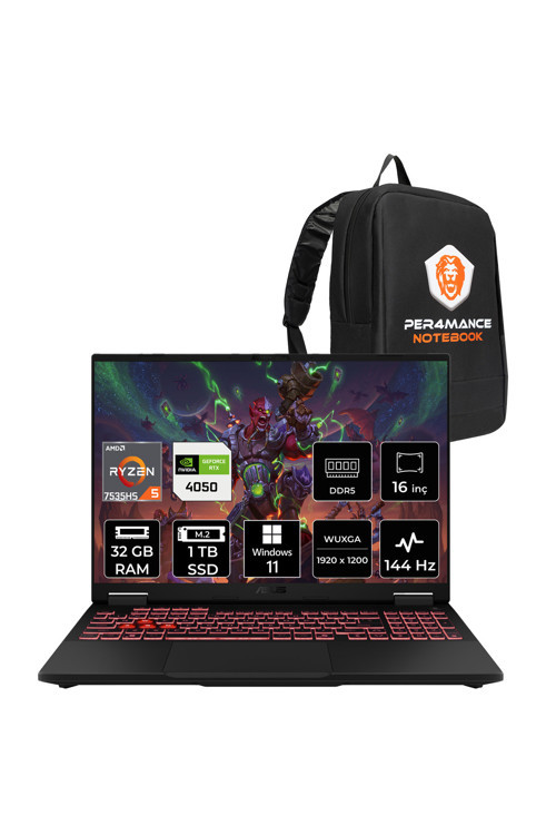 TUF Gaming A16 R5 7535HS 32GB 1TB SSD RTX4050/6GB 140W 144Hz 16'' WUXGA W11P Laptop FA607NU