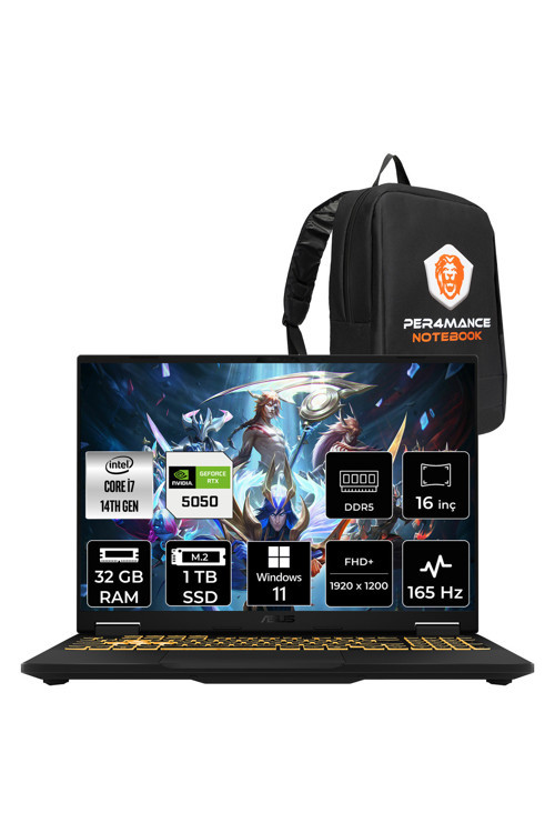 TUF F16 i7 14650HX 32GB 1TB SSD RTX5050/8GB 115W 165Hz 16'' WUXGA W11P Gaming Laptop FX608JHR