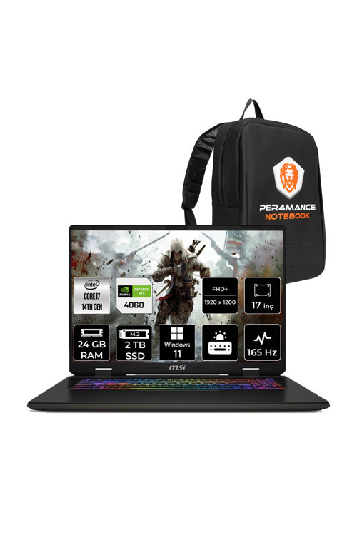 SWORD 17 HX i7-14700HX 24GB 2TB SSD RTX4060/8GB 105W 17" FHD+ 165HZ W11H B14VFKG & PER4 ÇANTA