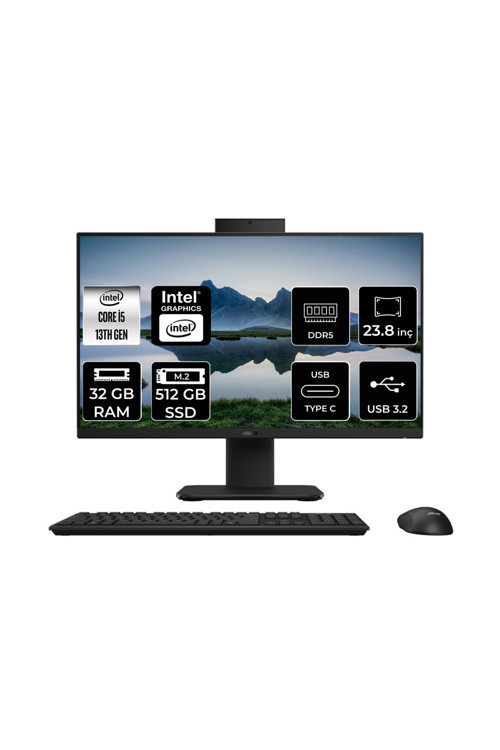V440 i5 13420H 32GB 512GB SSD 23.8" FHD FDOS All in One Bilgisayar Siyah & USB Bellek
