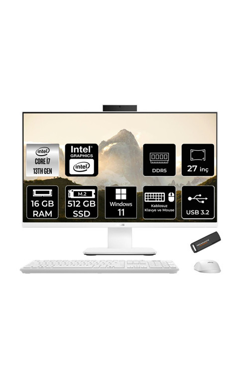 V470 i7 13620H 16GB 512GB SSD 27" FHD 100Hz W11H All in One Bilgisayar Beyaz & PER4 USB Bellek